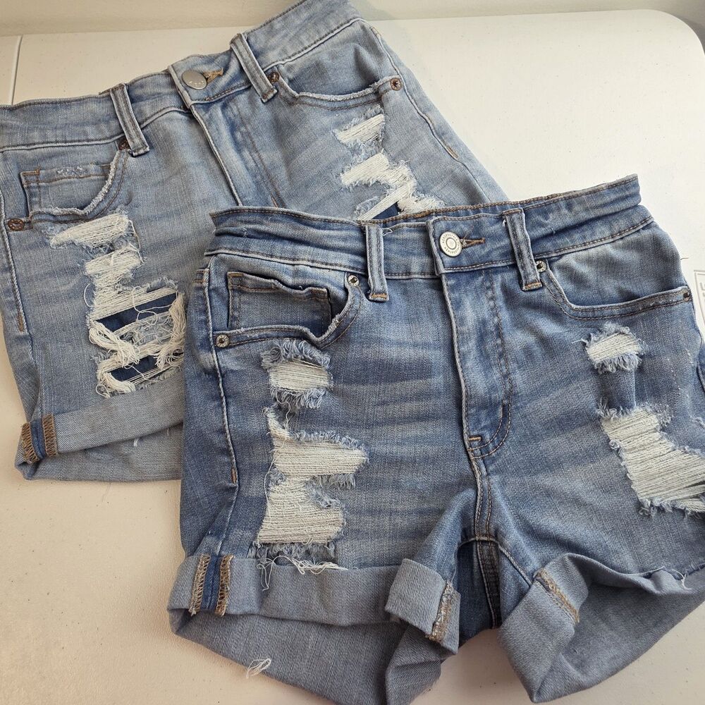 Aeropostale High Rise Midi Jean Shorts Woman's Size 2 Lot Distressed Rolled Cuff